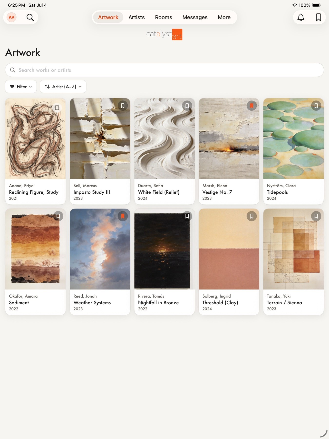 The Catalyst Art app on iPad — a wall of works in the collection grid