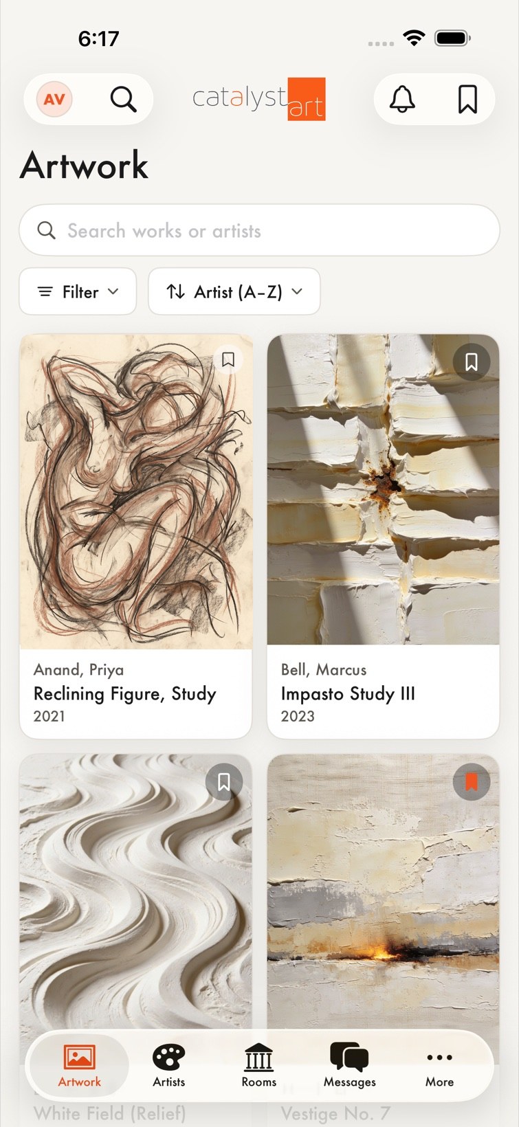 The Catalyst Art app showing a collector’s artwork grid