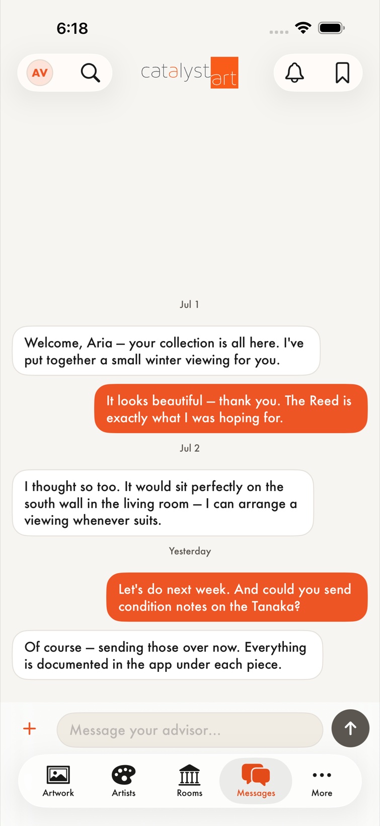 The in-app message thread between a collector and their advisor